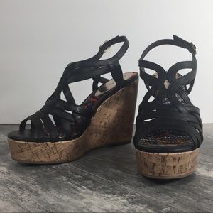 Madden Girl Black Strappy Ankle Strap Cork Style Wedge Sandals 8.5